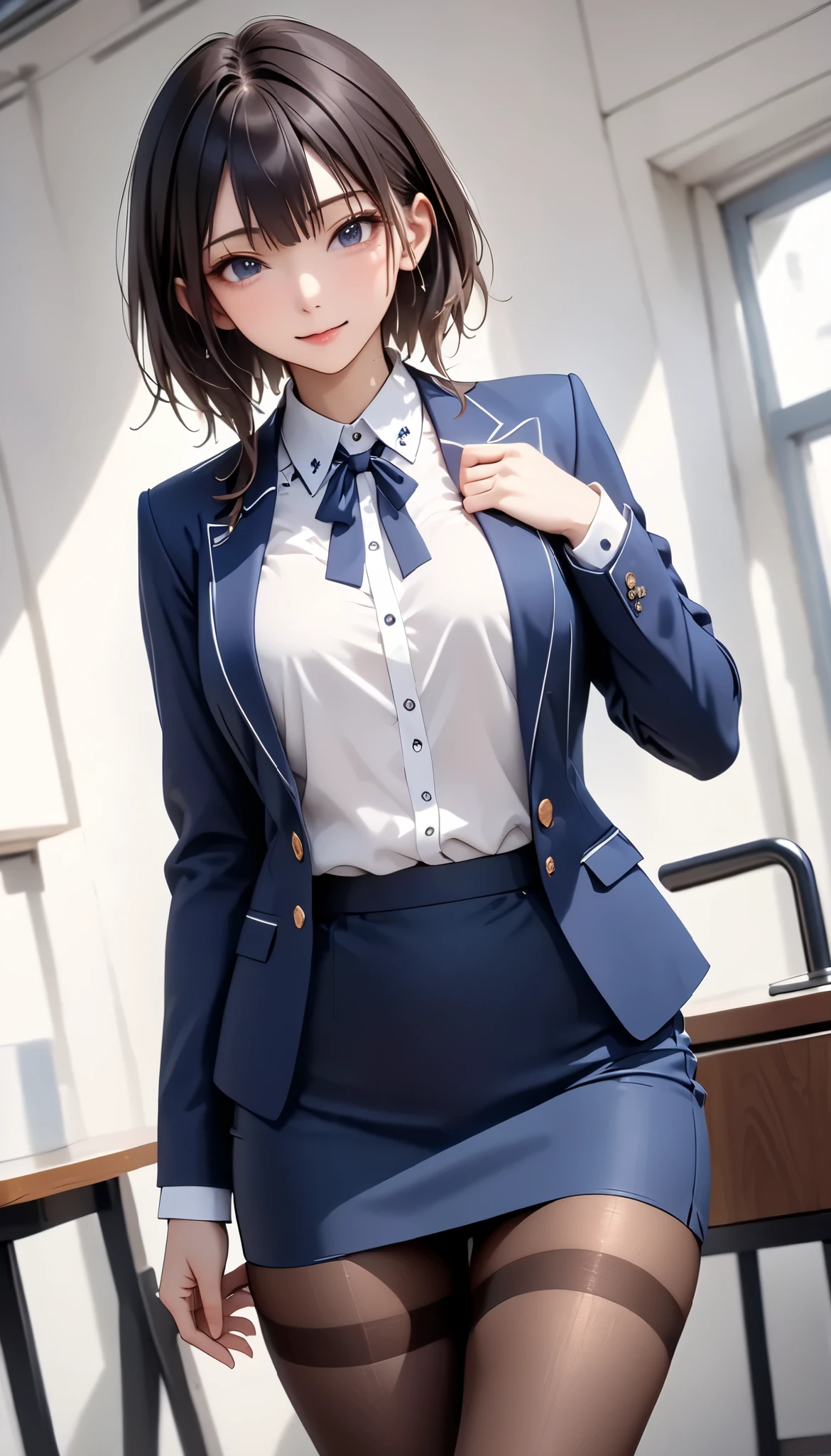 (((Female lawyer,  formal suit skirt ,   pencil skirt,  pantyhose,  white blouse,   Navy Blue Jacket,))), skinny, Alone,  female 1, Masterpiece,  top quality,  top quality, 16k,  unbelievably ridiculous,  very detailed, 2.5D, AI-generated,  delicate and dynamic,  Very Delicate Expression,  with a delicate gaze,  EROTIC, only  sexy woman, (( cute and kind face )), Healthy body shape, (( 25 year old woman)), Height: 160cm,  moderately stiff swaying bust,, , sweat, embarrassing, sexy, (( Thin Thighs)), ( erect nipples :0.9),  shiny,  Standing Picture of Shots Above the Shins , smile, (( oily_skin)), (( Dutch angle )), (( EROTIC pose)),  fashion model pose with clear pussy,   fashion model style DJ, (close-up),