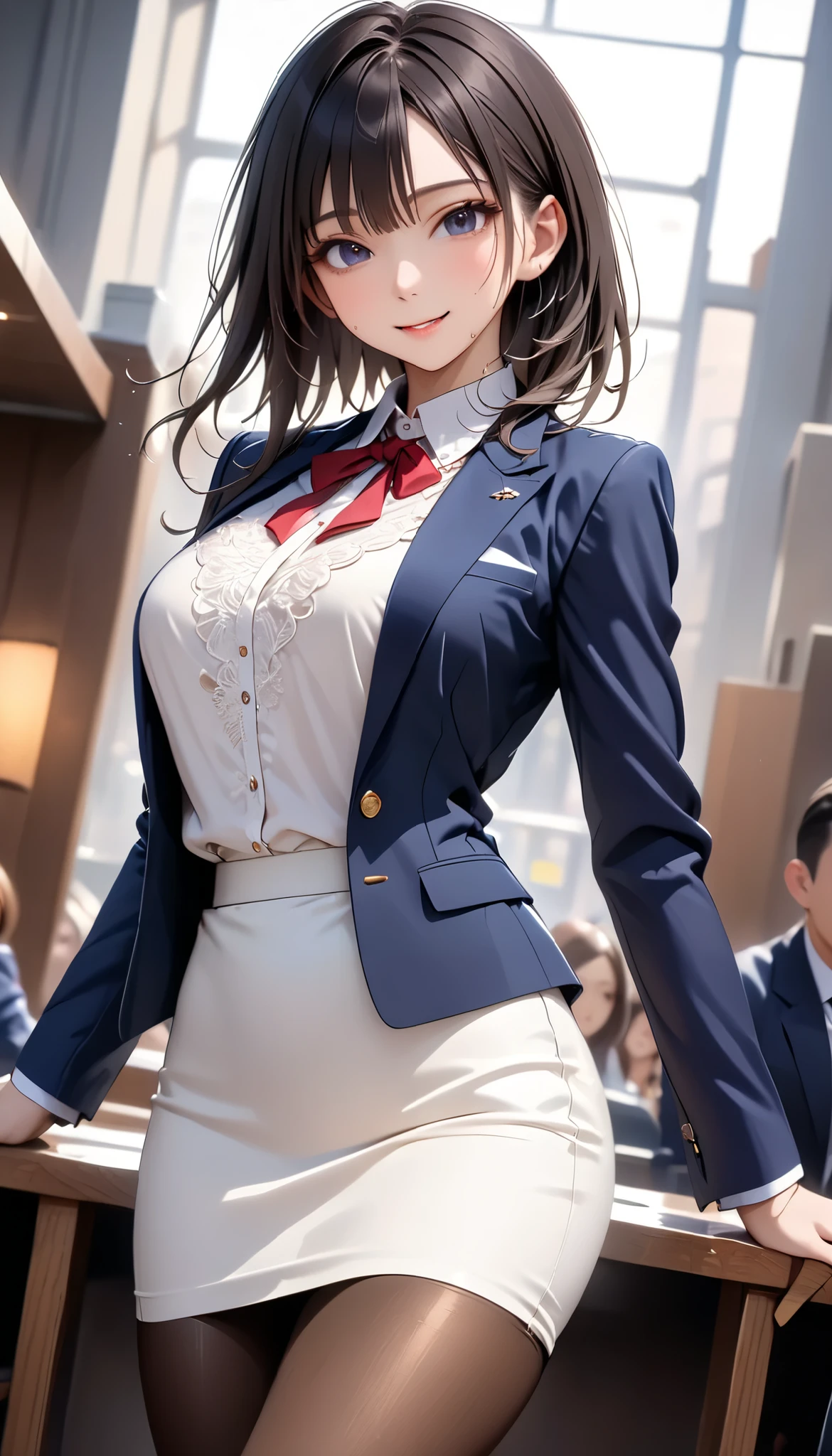 (((Female lawyer,  formal suit skirt ,   pencil skirt,  pantyhose,  white blouse,   Navy Blue Jacket,))), skinny, Alone,  female 1, Masterpiece,  top quality,  top quality, 16k,  unbelievably ridiculous,  very detailed, 2.5D, AI-generated,  delicate and dynamic,  Very Delicate Expression,  with a delicate gaze,  EROTIC, only  sexy woman, (( cute and kind face )), Healthy body shape, (( 25 year old woman)), Height: 160cm,  moderately stiff swaying bust,, , sweat, embarrassing, sexy, (( Thin Thighs)), ( erect nipples :0.9),  shiny,  Standing Picture of Shots Above the Shins , smile, (( oily_skin)), (( Dutch angle )), (( EROTIC pose)),  fashion model pose with clear pussy,   fashion model style DJ, (close-up),