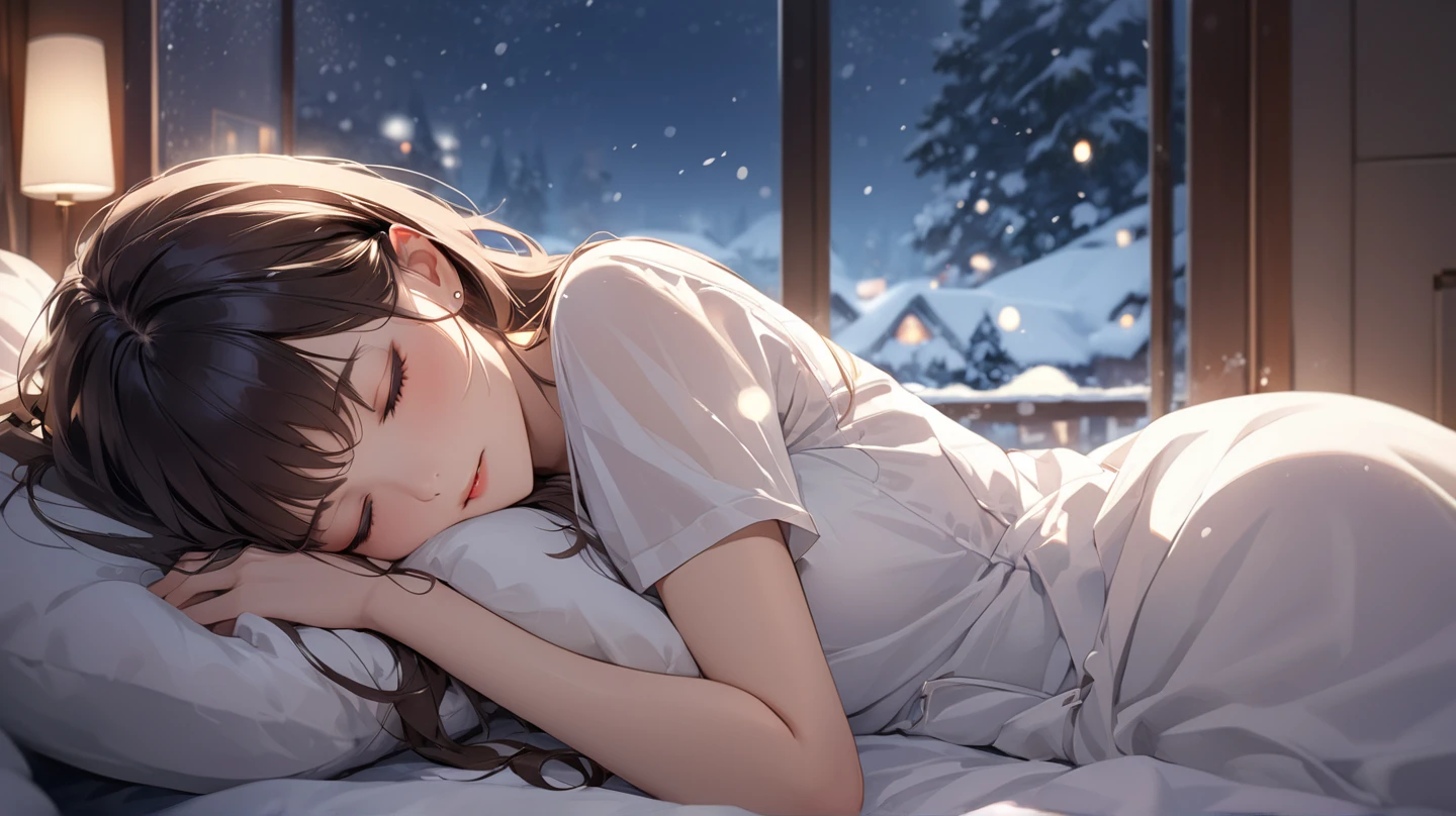 ((Top Quality)), ((Masterpiece)), ((Details), snowy window, snowy night, woman lying in bed, woman sleeping