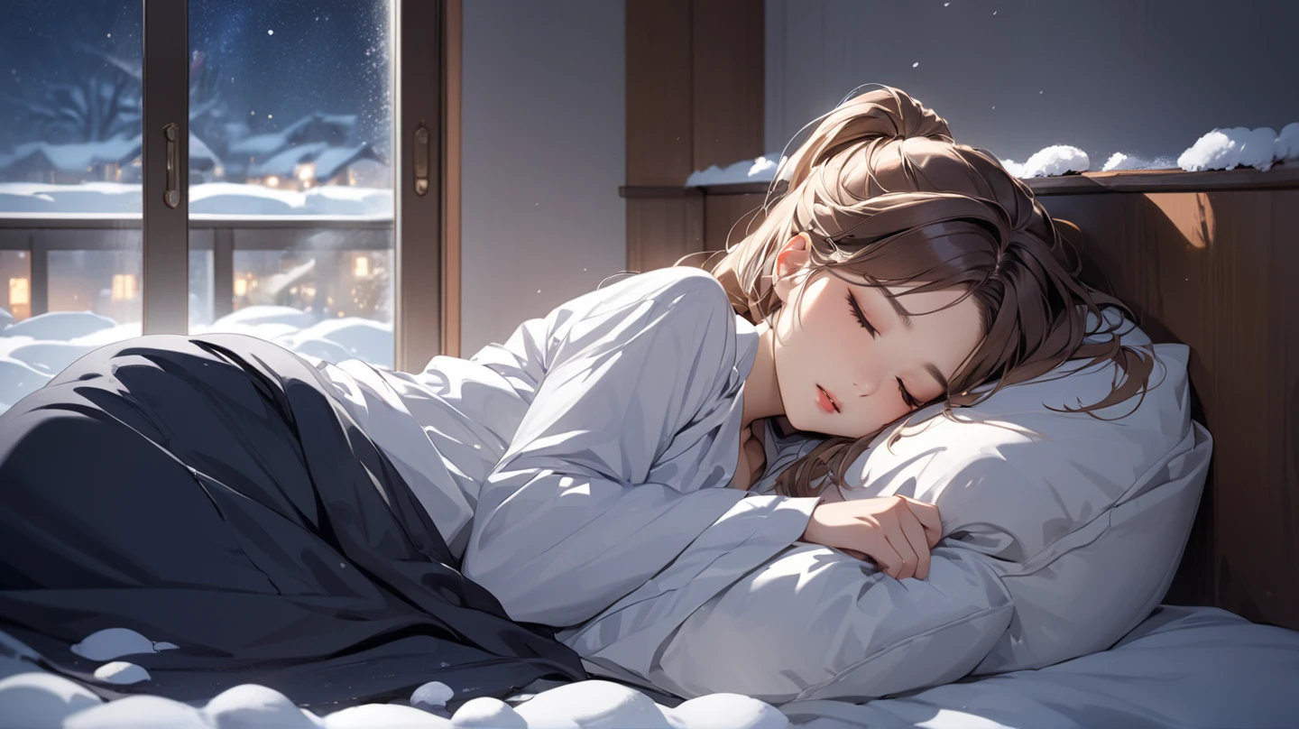 ((Top Quality)), ((Masterpiece)), ((Details), snowy window, snowy night, woman lying in bed, woman sleeping