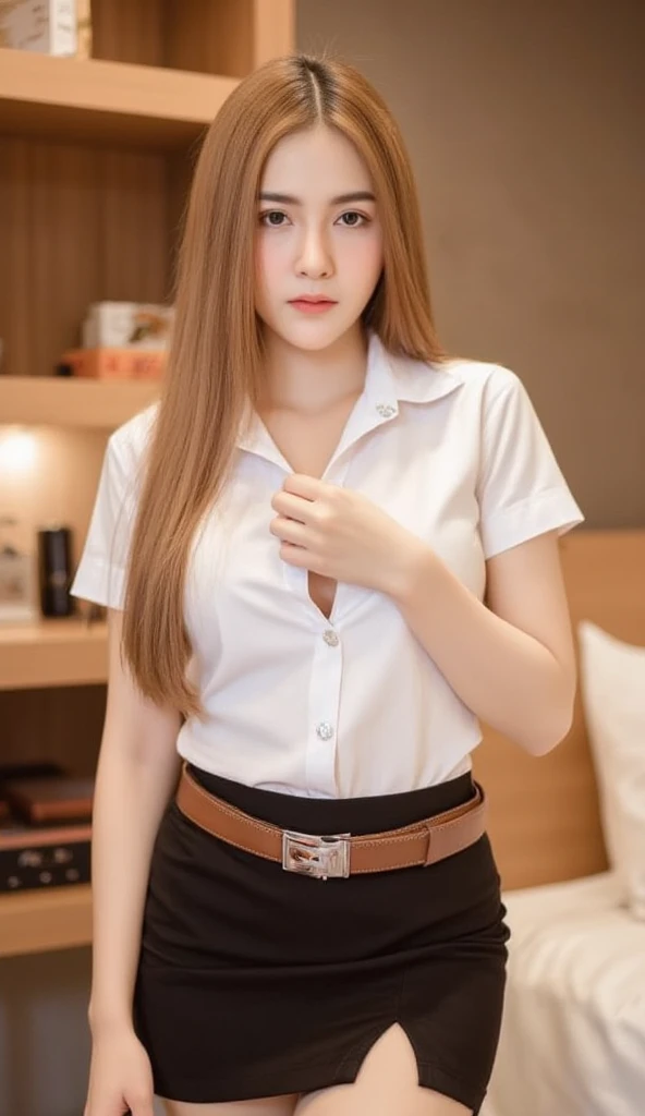 beautiful thai woman, 20 years old, long blonde hair and light skin, hand unbutton her short sleeve white shirt, brown belt, short pencil black skirt, sexy thighs, girl bedroom