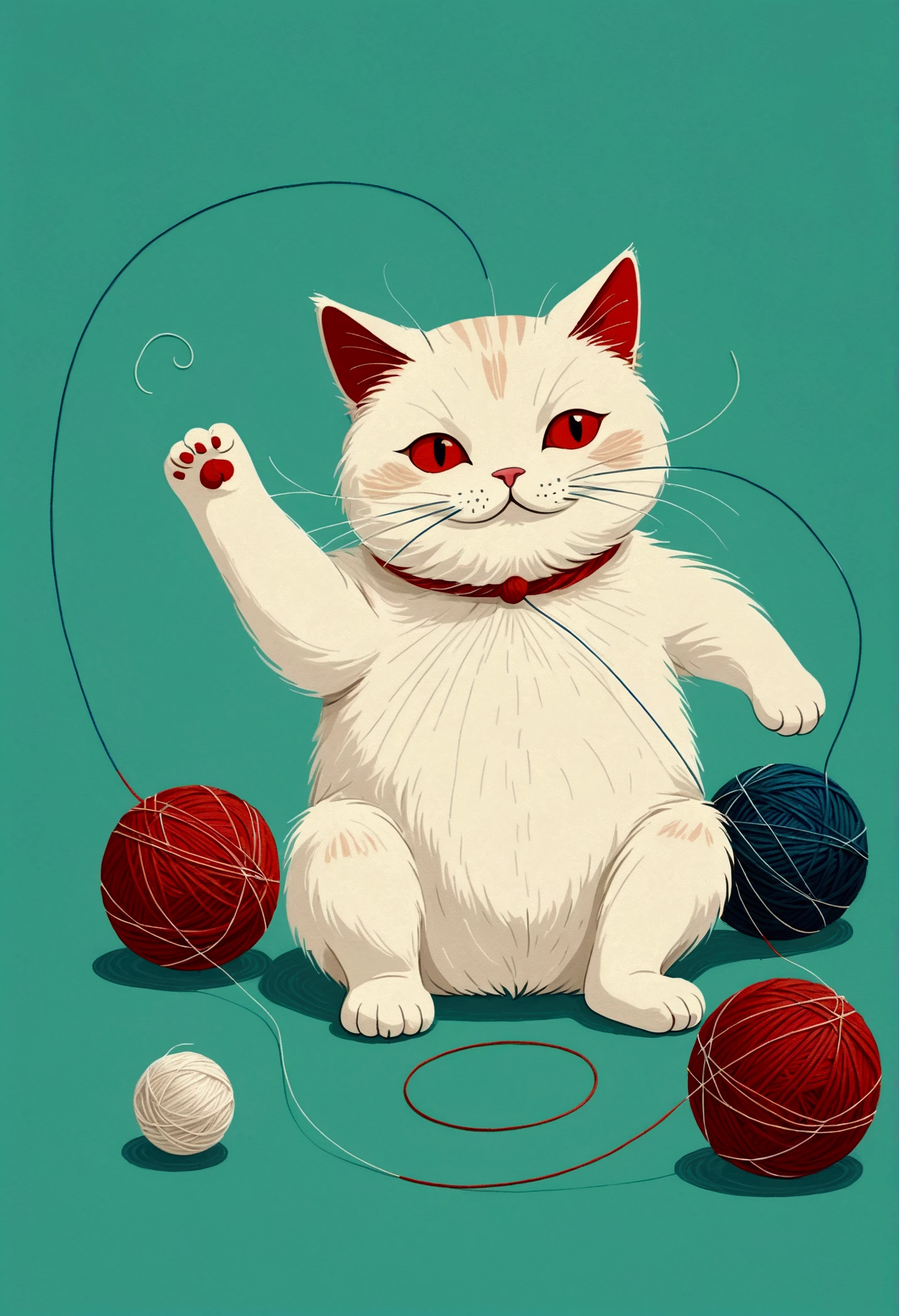 minimalism naive art on a gentle background. simple lines ,  firmly without details ,
 fat white and red fluffy cat is having fun playing with balls of thread.