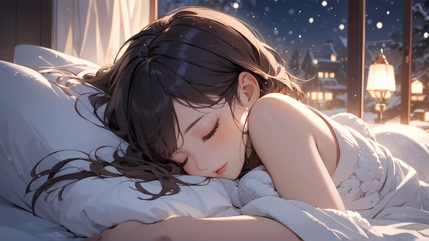 ((Top Quality)), ((Masterpiece)), ((Details), snowy window, snowy night, woman lying in bed, woman sleeping