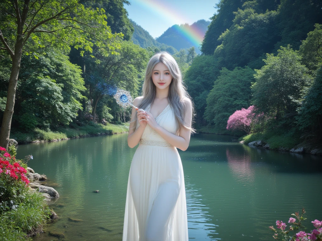 goddess,White Long Dress,silver hair,Blue eyes,smile,Colorful,forest,lake side,Angel's ladder,rainbow,Diamond Dust,Holding a gorgeous magic wand