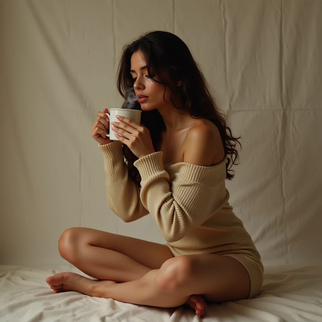 A woman with three legs sits on a vintage sofa, sipping tea from a delicate porcelain cup. Her skin is a warm, sun-kissed brown, and her eyes reflect a mix of curiosity and contentment. She wears soft, cozy socks that match the soothing, pastel tones of the room. The scene is bathed in soft, diffused natural light from a nearby window, creating a serene and intimate atmosphere. The lighting is reminiscent of a Wes Anderson film, with a subtle film grain and a warm, nostalgic color grading that enhances the cozy, lived-in feel of the space. The composition is framed to emphasize the woman's unique form and the tranquil, inviting environment around her. <lora:Three_Legs_-_Flux_v2-000077:1>