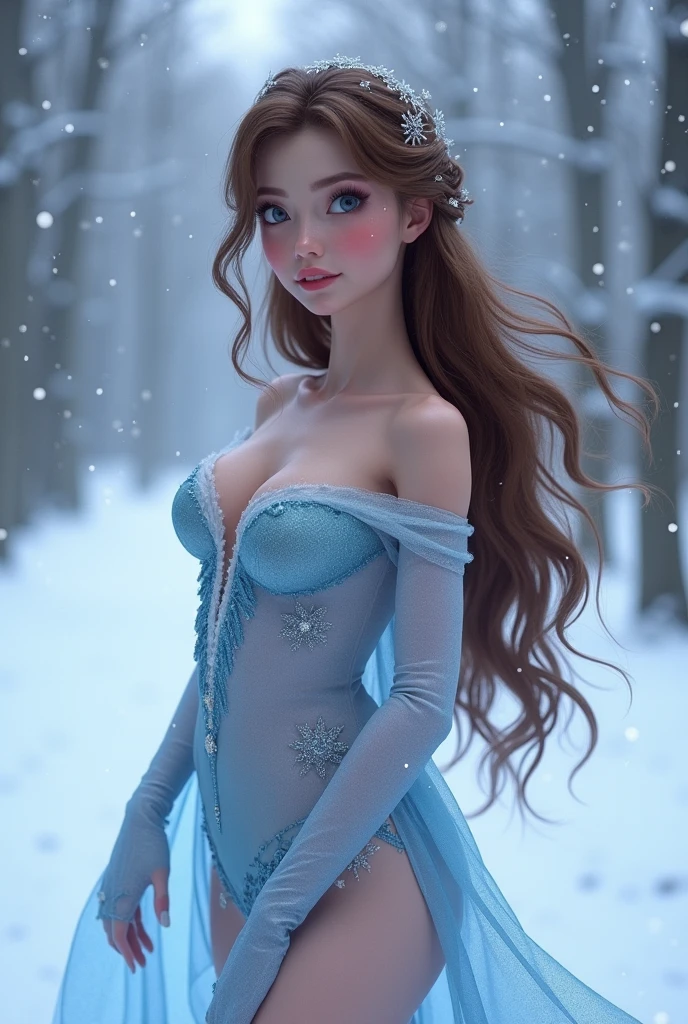 woman, ((Masterpiece, best quality)), detailed skin, highly detailed, cinematic lighting, ultra realistic, blush, looking at viewer, anna, anna from frozen, princess, disney, brown hair, long hair, portrait, outdoor, snow, cleavage, large breasts, sexy hips,
white lingerie