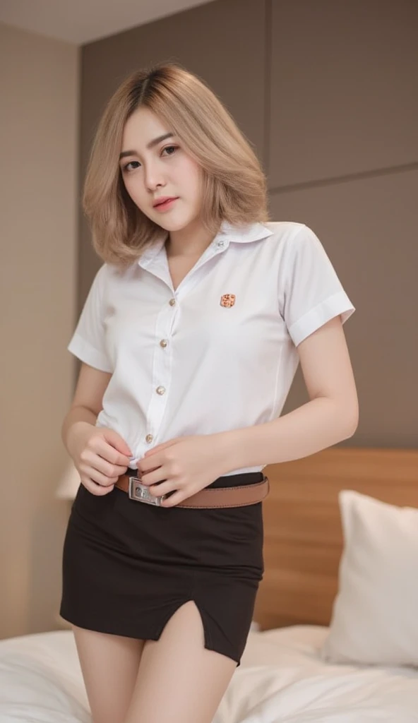 (8k, RAW photo, best quality, mastery:1.3), (realistic, photo-realistic:1.37), (looking viewer:1.331), posing Seductively, living room, soft light, 15 year old girl, short body, beautiful thighs, smaller chest, brunette hair, long hair, smile, white shirt, short sleeves, blue mini skirt