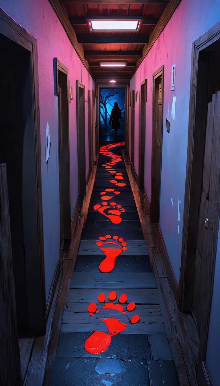 Highlight a lasting footprint, The footprints are in the shape of a person, Bloody footprints don't disappear forever and continue all the way to the depths, Traditional Japanese board-walled hallway, Composition that converges from a wide-angle lens all the way into the back peek, Strong footprints left in the hallway, The footprints take on a black light and continue deep, Expressionism, Hyperrealism, UHD, masterpiece, accurate, award winning, super detail, high details, high quality, highres, best quality, 16k