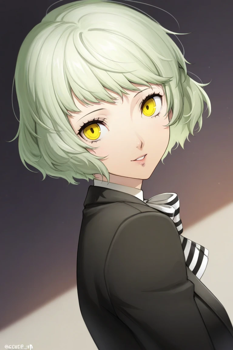 High school girl , light green hair , yellow  eyes , persona 5