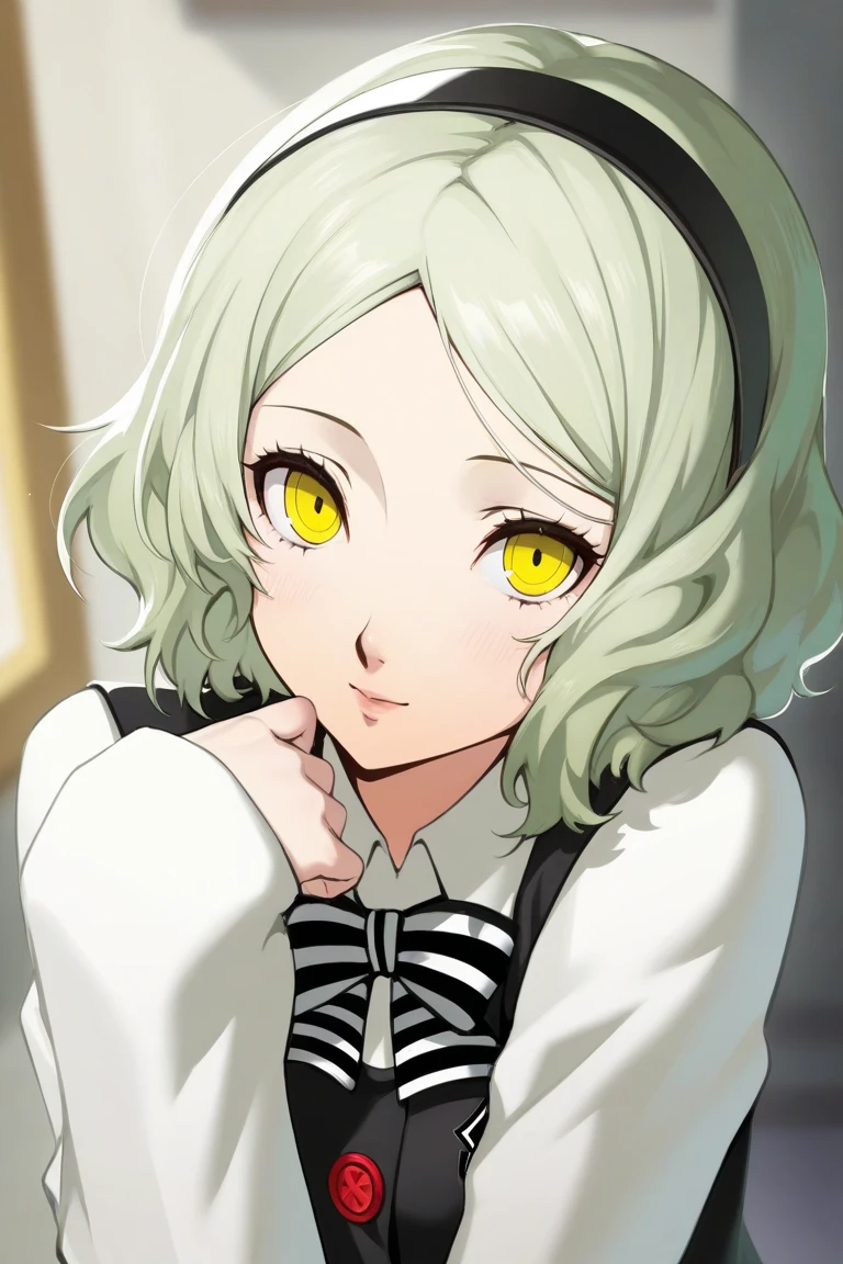 High school girl , light green hair , yellow  eyes , persona 5