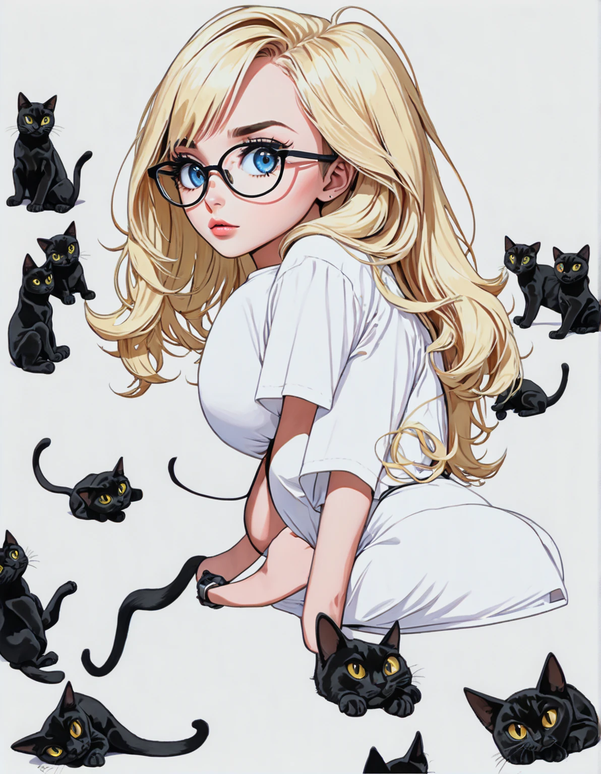 Mulher branca, goth with glasses, segurando um gato preto