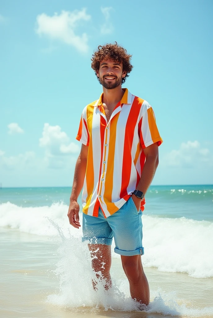 A handsome 27-year-old tall white young man in a men's fashion show on the beach shore wearing a de arco iris swimsuit with a beach ball in his hand. Many people applaud him and bubbles are around him. Tight boxer shorts in the color arco iris flag. Unshaved, white, tall with black hair flaquito