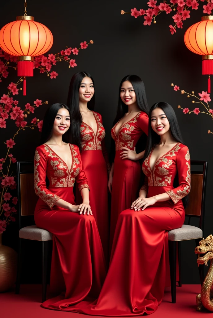 portrait of 4 woman, four chubby asian middle age women, long hair, smiling, classy elegant designer long closed cheongsam outfit, long wide pants, closeup, vogue magazine photoshoot, elegant pose, standing and sitting on high oriental couch, inside classic shanghai bar, vintage look, 1920 shanghai, rich oriental setting