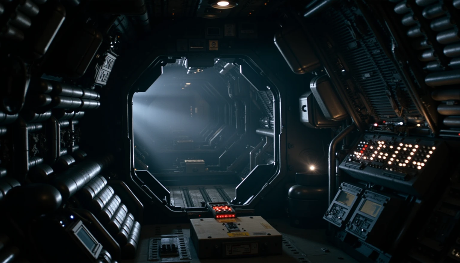 ohwx set design, a photo of  the movie alien romolus interior set design, cinematic lighting