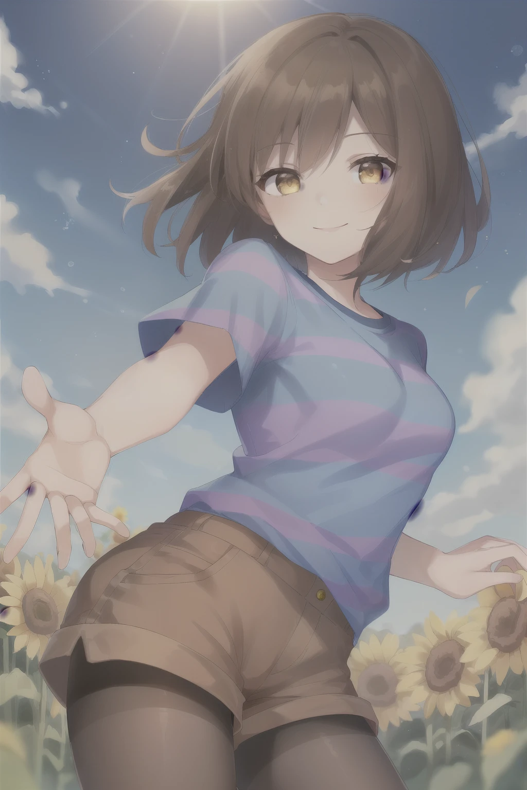 ((best quality)), ((masterpiece)), (detailed), Undertale Frisk, brown hair, (brown shorts:1.3), bob cut, short hair, black pantyhose, (blue shirt:1.3), yellow eyes, (1girl:1.3), (solo:1.3), striped, striped shirt, smiling, (sun flower) голая,