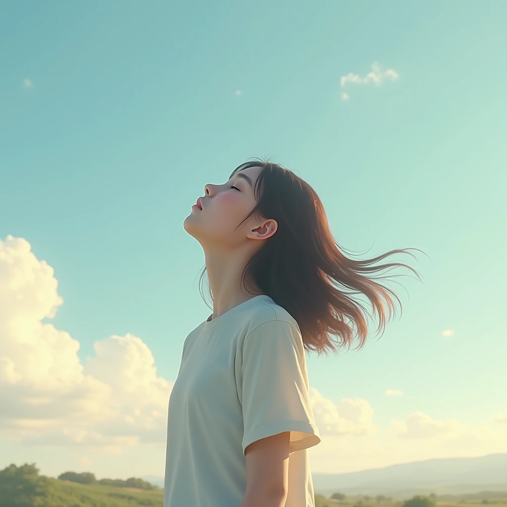 a girl looking up at the sky, dressed in white while her waist-length brown hair moves to the left in the breeze, It is on a mountain with its back turned and around it there are many flowers of many colors., She is on top of a hill looking up at the clear sky, everything is very cute and colorful, but behind her there is a boy watching her dressed in white pants and a white shirt, They both have their backs turned and the boy looks at the girl while she looks at the sky