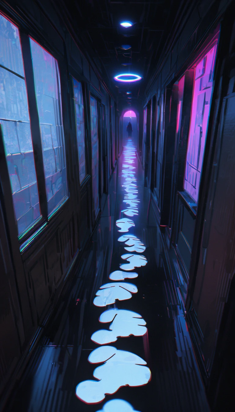 Highlight a lasting footprint, The footprints are in the shape of a person, Bloody footprints don't disappear forever and continue all the way to the depths, Traditional Japanese board-walled hallway, Composition that converges from a wide-angle lens all the way into the back peek, Strong footprints left in the hallway, The footprints take on a black light and continue deep, Expressionism, Hyperrealism, glowing light, chromatic aberration, backlighting, chromatic aberration abuse, UHD, masterpiece, accurate, award winning, super detail, high details, high quality, highres, best quality, 16k