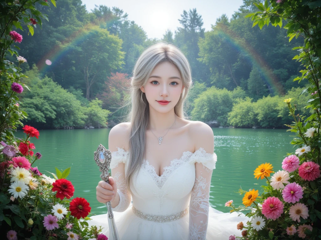 goddess,White Long Dress,silver hair,Blue eyes,smile,Colorful,forest,lake side,Angel's ladder,rainbow,Diamond Dust,Holding a gorgeous magic wand,Lots of colorful flowers