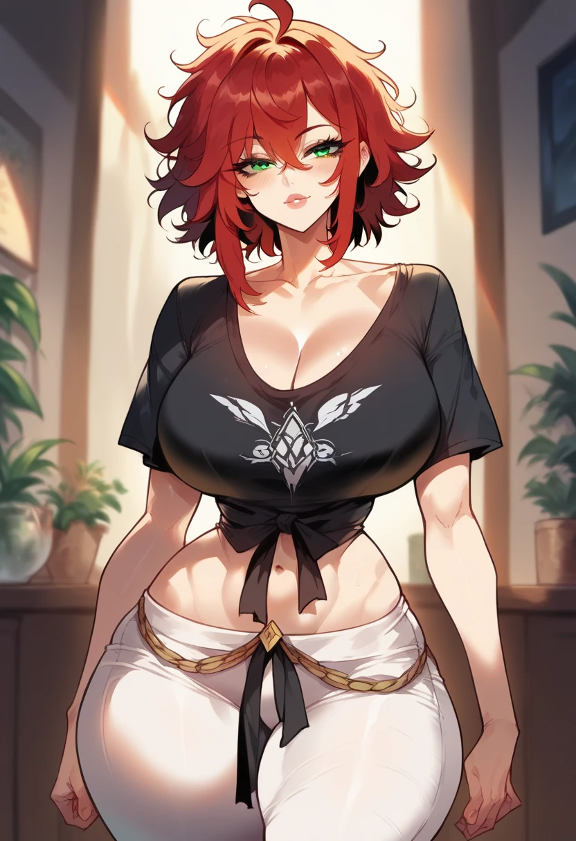 (masterpiece), best quality, expressive eyes, perfect face, dark red hair, messy hair, bangs, asymmetrical hair, green eyes, big breasts, fit vody, hourglass figure, wide hips, toned, busty, busty thighs, cleavege, decolette, collarbone, ehite oversized t-shirt, shirt tucked in pants, boob curtain, black super high waisted pants, midriff covered by pants, waist covered by pants,