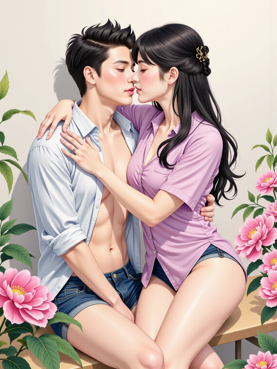 1 scene，front， high quality ，超 high resolution on the bench， HD illustration ， masterpiece，Extremely detailed， high resolution on the bench，Delicate mouth ， Mature Heterosexual Couple ， ，（ Married Sexy Mature Woman ，Smooth lips，squinting anime） ，Red cheeks，Expressive expression ，denim shorts，Unbutton your shirt，Entrance，Strong climax，1 handsome boy, (((Hug from behind))), ((Chest Grabbing)), (深kiss:1.4)), (((kiss,))), saliva, Sweat, Moderate breasts, Beautiful Curvy ， Moles under the eyes ， blush，((( anatomically correct )))，precise