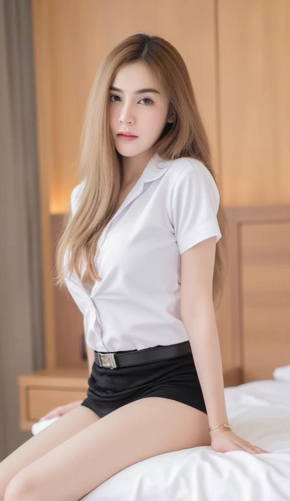 beautiful thai woman 20 years old, long blonde hair and light skin, hand unbotton her short sleeve white shirt, short pencil black skirt, sleep, sexy thighs, girl bedroom, panties on bed