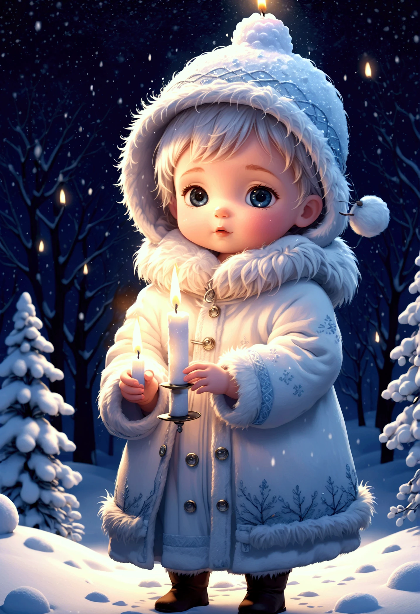  fluffy snowy  holding a candle in the middle of winter, digital animation 