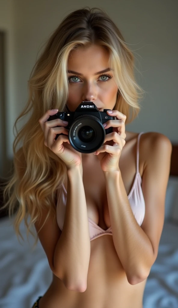 Create a blonde hair woman taking a nude photo