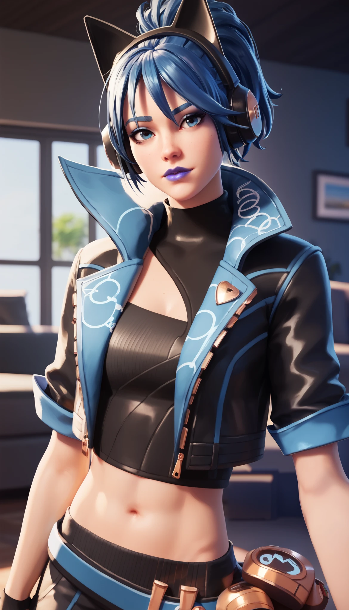 BREAK, FNHeroHop, blue hair, cat ear headphones, short ponytail, blue eyeshadow, blue eyes, purple lips, open collared jacket, clothing cutout, short sleeves, black turtleneck, midriff, fingerless gloves, utility belt, normal face expression, looking at viewer, 1 girl, solo, living room background, 3D