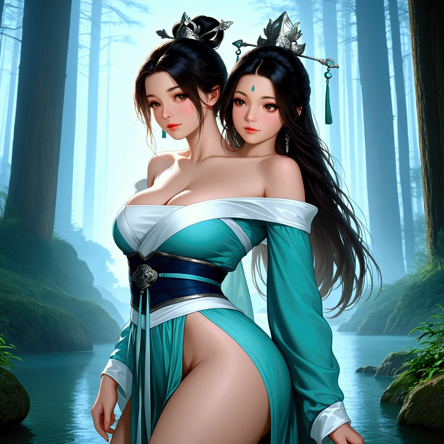 gufeng, guofeng, chinese clothes, hanfu,
 1girl, solo_focus, eyelashes, breasts, cleavage, thick thighs, wide_hips,  cowboy shot, 
masterpiece, best quality, realistic, 8k, official art, cinematic light, ultra high res, perfect female body, sharp focus, 
HDR, 8k, amazing quality, very aesthetic, absurdres, newest, detailed skin, detailed eyes, detailed hair, fantasy,  photorealistic, photo background, 
