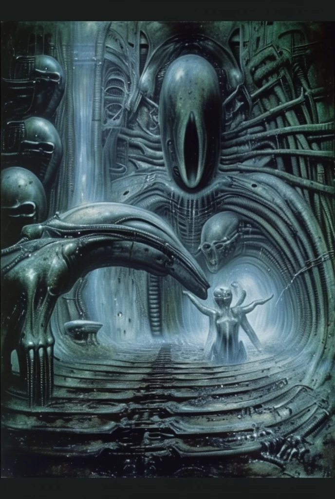 Curse of solomeea. The space in this H.R. Giger-esque image is formed through a complex interplay of several visual techniques, creating a claustrophobic, layered, and ambiguous environment. Space in this image is formed by a combination of overlapping forms, lack of traditional perspective, flowing curves, high detail, ambiguous scale, and subtle lighting. These techniques work together to create a unique and unsettling spatial experience that is characteristic of Giger's work: a claustrophobic, organic, and biomechanical environment that feels both alien and strangely familiar.
 The most dominant feature is the dense overlapping and interweaving of organic and mechanical forms. Figures, pipes, tubes, and other structures merge seamlessly, making it difficult to distinguish where one ends and another begins. This creates a sense of depth and layers, but also contributes to the claustrophobic feeling as there's little empty space.
 There's no clear horizon line or defined vanishing point to establish traditional perspective. This further adds to the sense of disorientation and makes it difficult to gauge the scale and distance of the elements within the image. The space feels compressed and undefined.
Giger frequently uses smooth, organic curves and contours that flow into each other. These curves create a sense of movement and dynamism, but also further blur the boundaries between objects and spaces. The eye is led through the image along these curves, but there's no clear destination or resting point.
 The high level of detail and intricate textures across the entire image contributes to the sense of density and complexity. There are few areas of smooth, flat color or empty space. This creates a visually rich environment, but also makes it difficult for the eye to find a focal point or establish a sense of spatial hierarchy.
 The scale and proportion of the elements are often ambiguous. 