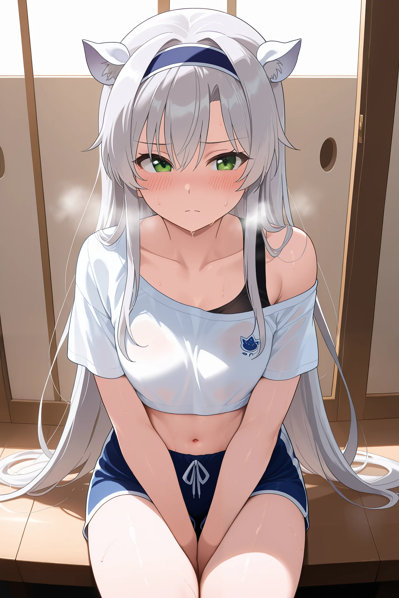 NSFW,masterpiece, top quality, high definition, very detailed,Sistine＝Fiebel 、 Roku Denashi Magi Instructor and Akashic Records、 green eyes、 gray hair、stupid hair、 small breasts、 long hair、 Blue Hairband 、 fake animal ears , shorts , crop top, off shoulder,Short sleeve, a lot of sweat, I'm tired,blush,Heavy breathing, Sports Fields, sitting 