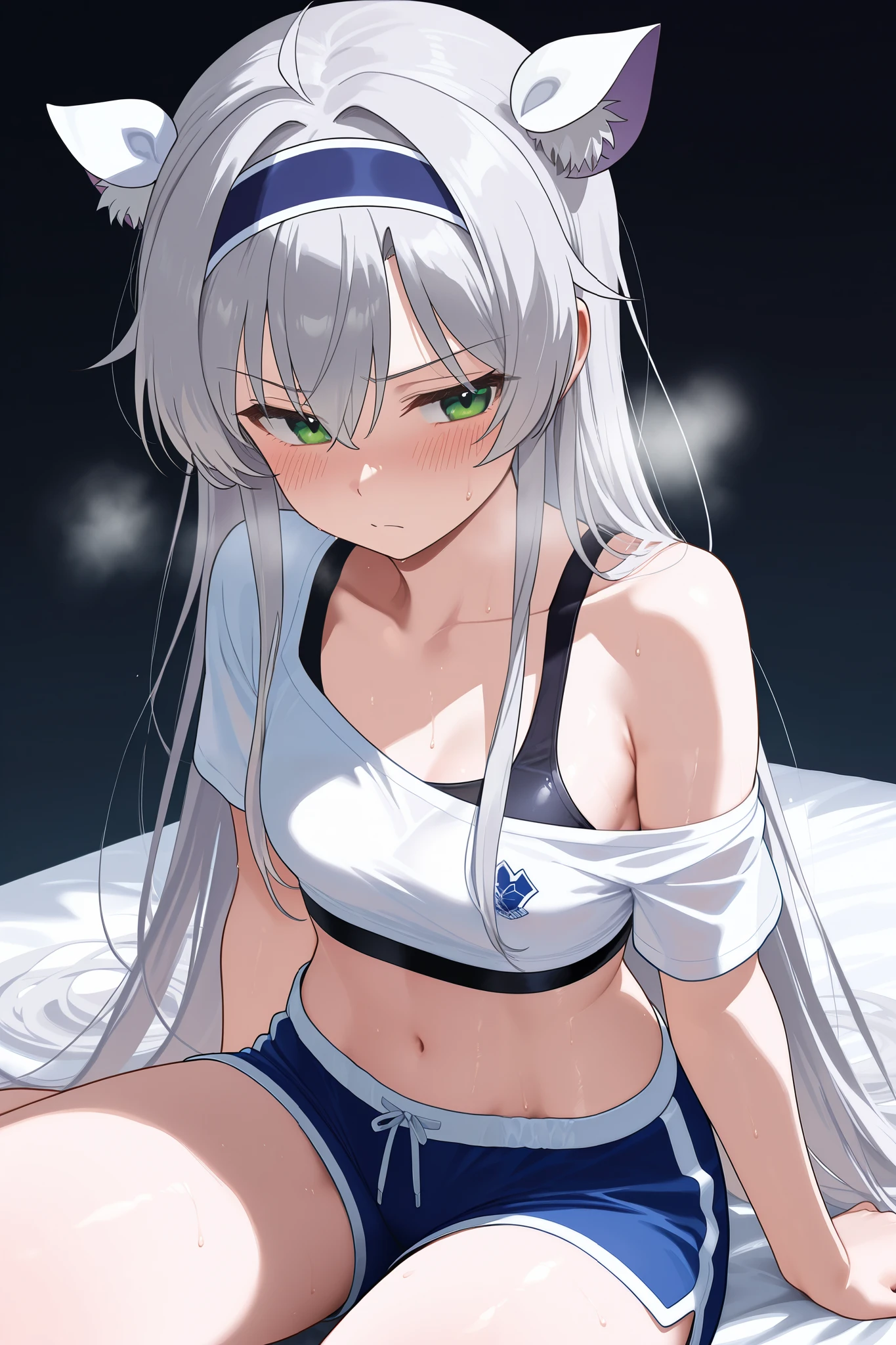 NSFW,masterpiece, top quality, high definition, very detailed,Sistine＝Fiebel 、 Roku Denashi Magi Instructor and Akashic Records、 green eyes、 gray hair、stupid hair、 small breasts、 long hair、 Blue Hairband 、 fake animal ears , shorts , crop top, off shoulder,Short sleeve, a lot of sweat, I'm tired,blush,Heavy breathing, Sports Fields, sitting 