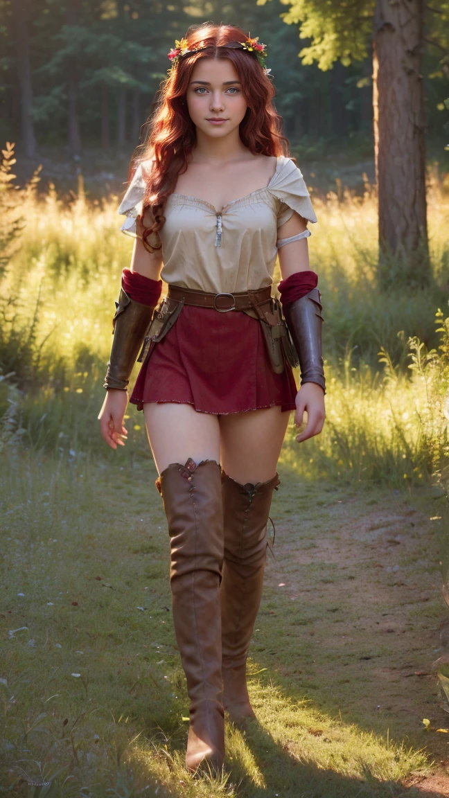 full body standing straight symmetrical, FEMALE warrior princess, big belt around waist, hair, very white skin like snow, wearing full HERBALIST CLOTHES, brown leather boots, HERBALIST outfit, MILF bimbo