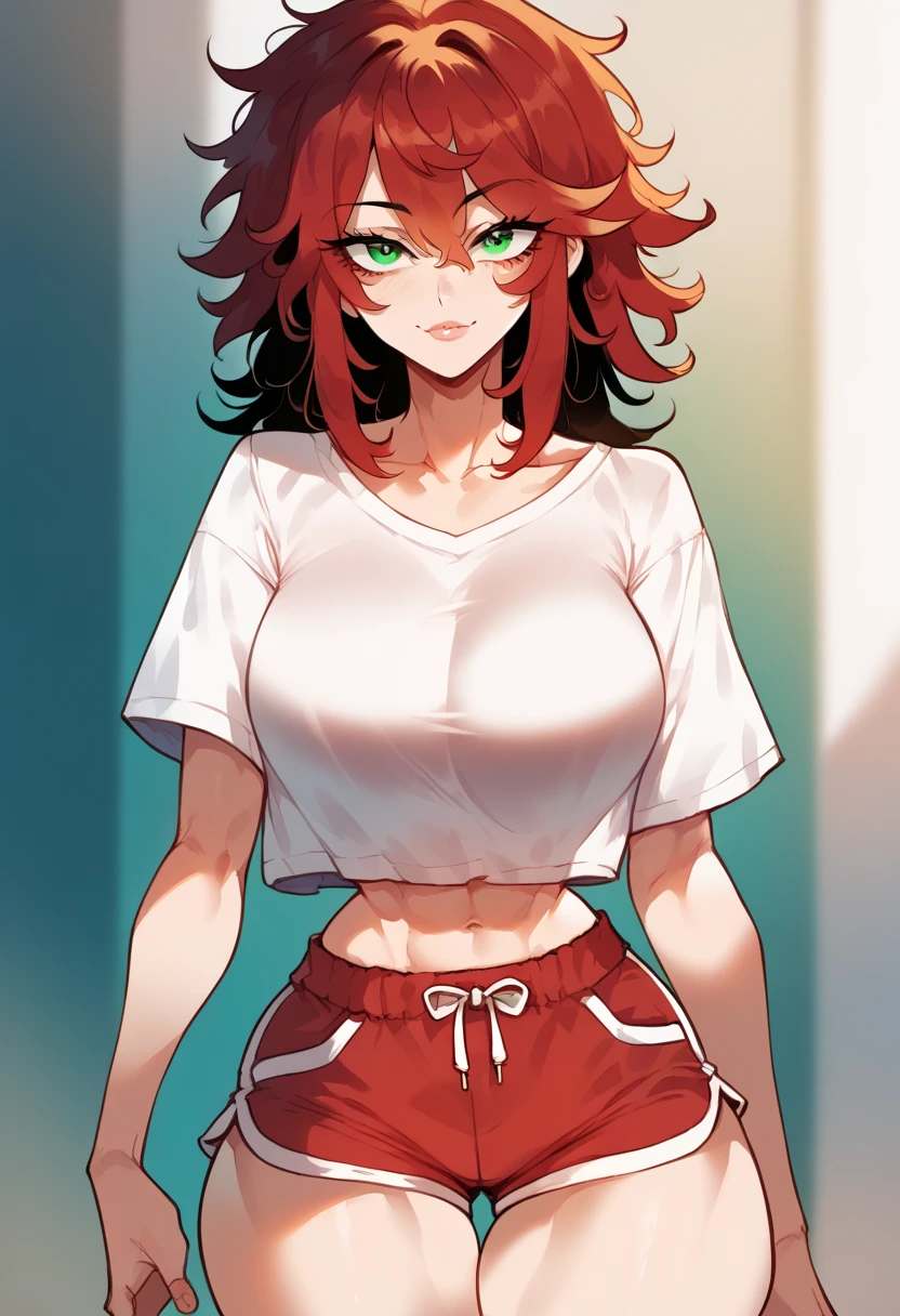 (masterpiece), best quality, expressive eyes, perfect face, dark red hair, messy hair, bangs, asymmetrical hair, green eyes, big breasts, fit vody, hourglass figure, wide hips, toned, busty, busty thighs, cleavege, decolette, collarbone, oversized t-shirt, bare midriff, dolphin shorts, crop top overhang