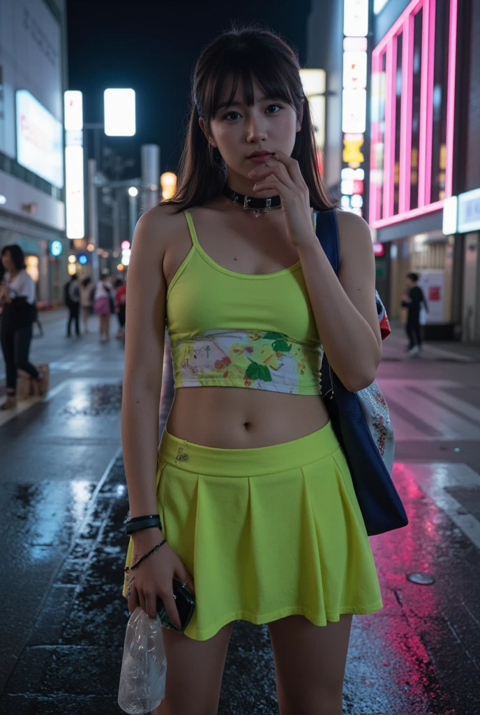 Ultra mini skirt、a miniskirt、rialistic photo、An ultra-high picture quality、Picture-like images、、Girl YouTuber,(((1girl in))),((Very cute beautiful green curly ponytail girl walking down the street)),Ultra mini skirt、a miniskirt、
(short chest:1.4),(((Green curly hair:1.35,Very curly hair,Colored inner hair,Ear breathing,Ponytail hair))),((Green eyes:1.3,upward-eyed:1.3,Perfect eyes,Beautiful detailed eyes,Rainbow shines ultra-detailed yellow-green eyes:1.1,Gradient Eyes:1,finely detailed beautiful eye:1,Symmetrical eyes:1,big highlight on eyes:1.2)),((Fat)),(((Lustrous skin:1.5,bright skin: 1.5,skin tanned,Shiny skin,Very shiny skin,Shiny body,plastic glitter skin,exaggerated shiny skin))),delicate detailed fingers,Detailed body,detailed arms,Human Hands,(Detailed face)),
Cute,sluttish,Seductive,Erotic,(((NSFW))),
zettai ryouiki,Revealing clothing,Show skin,((Ultra Miniskirt,beautiful thigh、beautiful boob、Beautiful navel、Beautiful collarbone、Beautiful armpits、Beautiful miniskirts、Visible lace strap,Tank top with anime girl print and white shorts)),(detailed costume,detailed clothes),
(Dynamic Pose:1.0),Solo Focus,embarrassed,Centered,scale to fit the dimensions,thirds rule,
Outdoors,((Night view)),(Neon synth waves in a very beautiful city,Cyberpunk Night Street Background:1.5,dark sky,Thick clouds),Vehicles of the future,((Neon light)),Thick clouds,(Cyberpunk style,Neon light, (Synthwave theme background), Lonely street),(((Detailed background:1.25))),
(Best Quality),(High resolution),(Sharp Focus),(ultra-detailliert),(Extremely detailed),(Very high quality artwork),8K_Wallpaper,(8K HDTV CG),(Very fine 8K CG),((hyper super ultra detailed perfect piece)),flawless,(((masutepiece))),Illustration,Vibrant colors,(Convoluted),High contrast,Selective lighting,double exposure,nffsw (High dynamic range),Post-processing,Background blur,