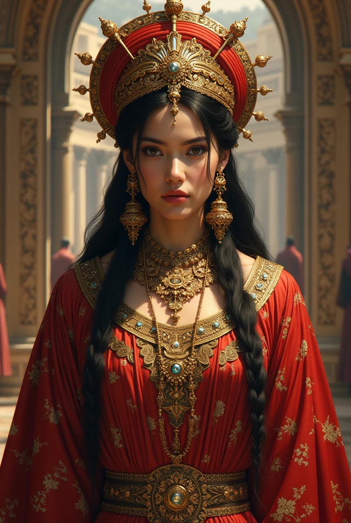A beautiful woman,orientalisch wirkende frau,orientalisch gekleidet,Beautiful woman in the foreground,stadt weit im hintergrund,Beautiful woman looks at the camera,vor schwarzem hintergrund,blur