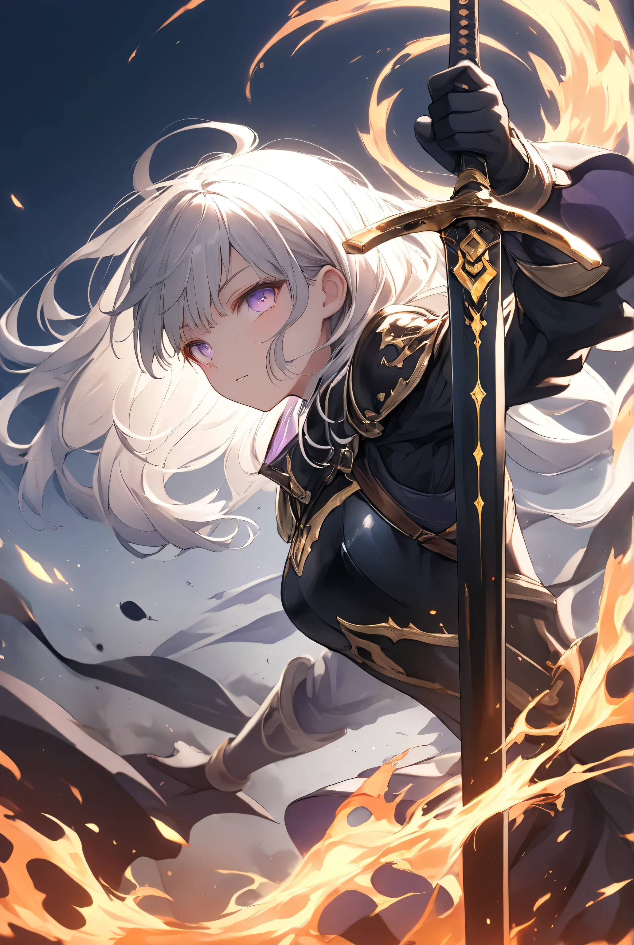 masterpiece, best quality, absurdres,
A platinum-haired female,20yo,heroine enters an eclipse state,a combination of sword and shield,
The entire sword is enveloped in dark flames,
while the shield shines with swirling platinum light,
The flames of darkness spread like a black mist,
and the flames of light blaze up within it,
creating a fantastic contrast to the surroundings,
With each swing of the sword,  
the light and dark energies merge to unleash a powerful slash,
In the background is a battlefield where darkness and light intermingle