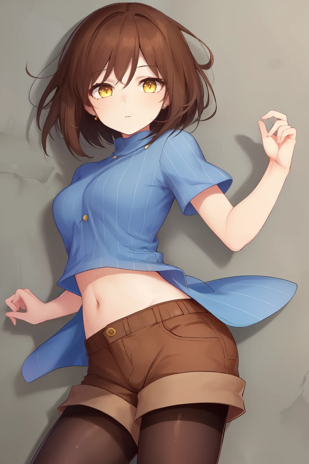((best quality)), ((masterpiece)), (detailed), Undertale Frisk, brown hair, (brown shorts:1.3), bob cut, short hair, black pantyhose, (blue shirt:1.3), yellow eyes, (1girl:1.3), (solo:1.3), striped, striped shirt, голая