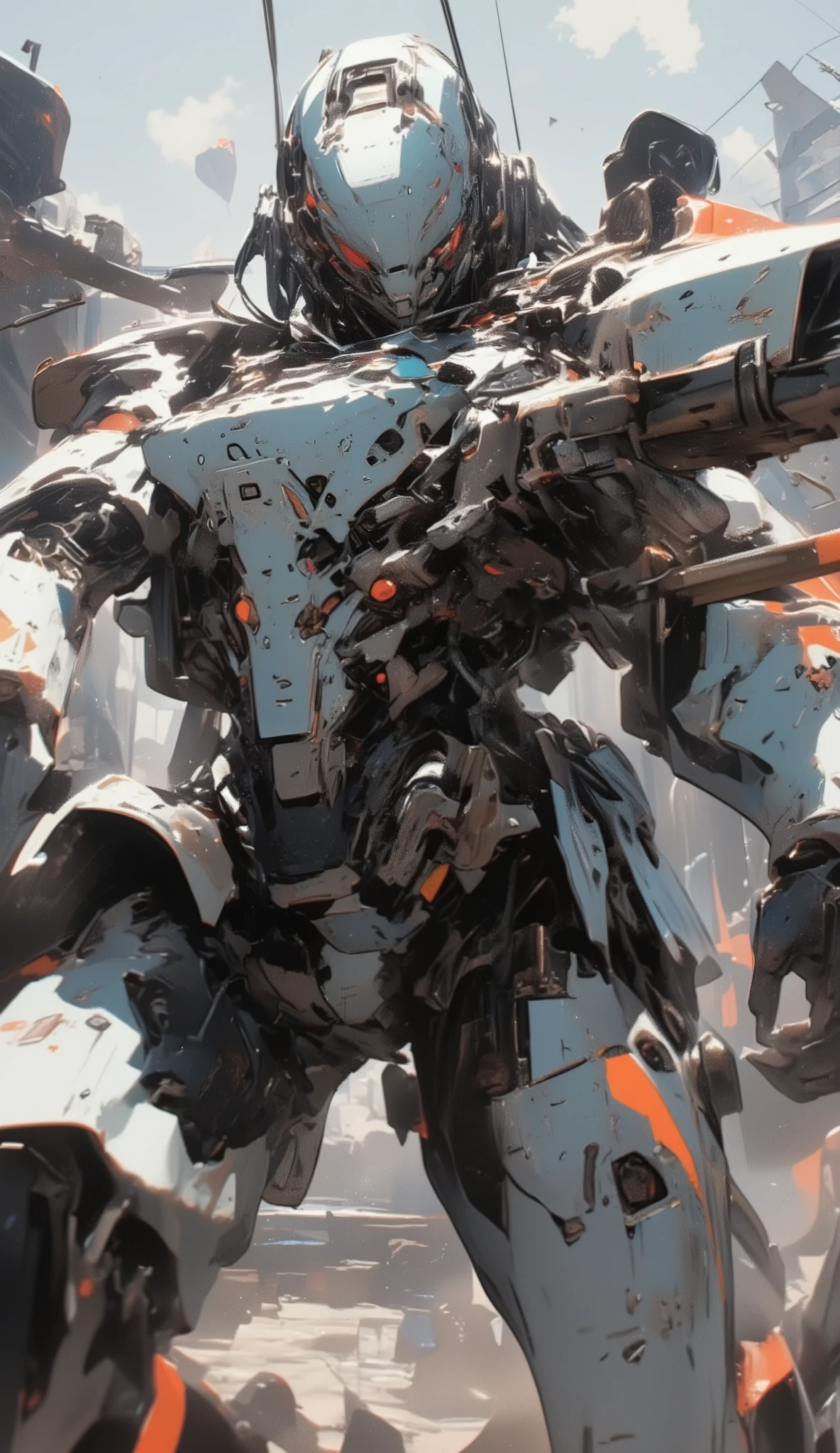 humanoid military powered suit 、 LIGHT BLUE AND ORANGE COLORING 、 GIANT SHOULDER PADS LARGE BACKPACK、Large breastplate、Tasteful decoration 、 dynamic poses、 with assault rifle