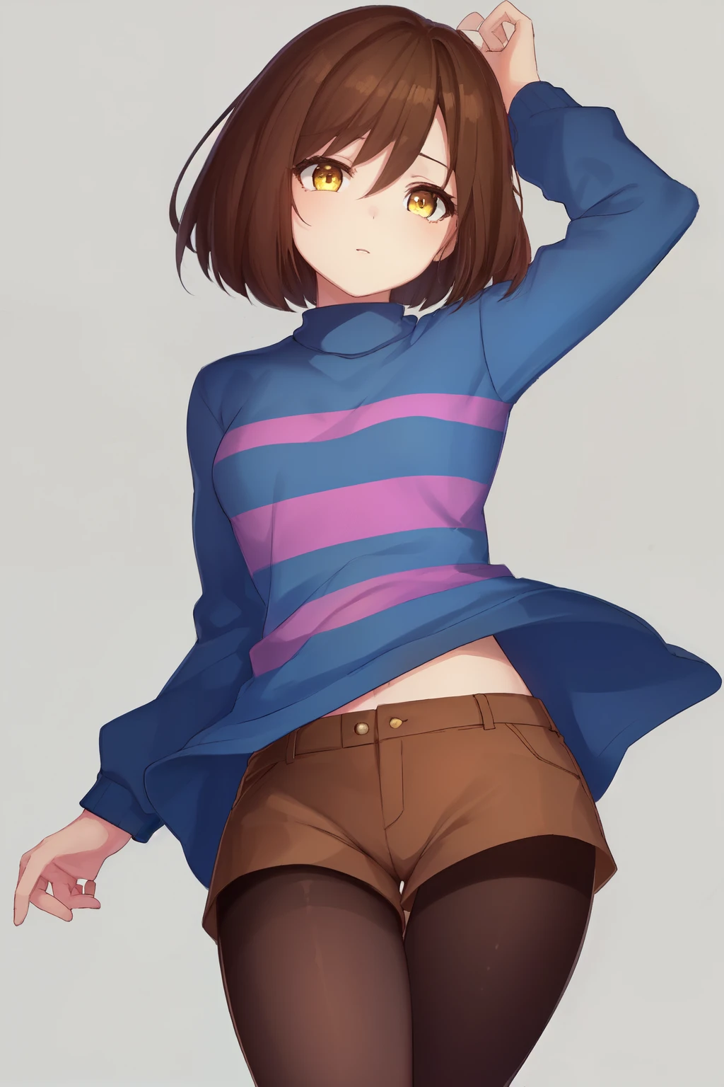 ((best quality)), ((masterpiece)), (detailed), Undertale Frisk, brown hair, (brown shorts:1.3), bob cut, short hair, black pantyhose, (blue shirt:1.3), yellow eyes, (1girl:1.3), (solo:1.3), striped, striped shirt, голая 