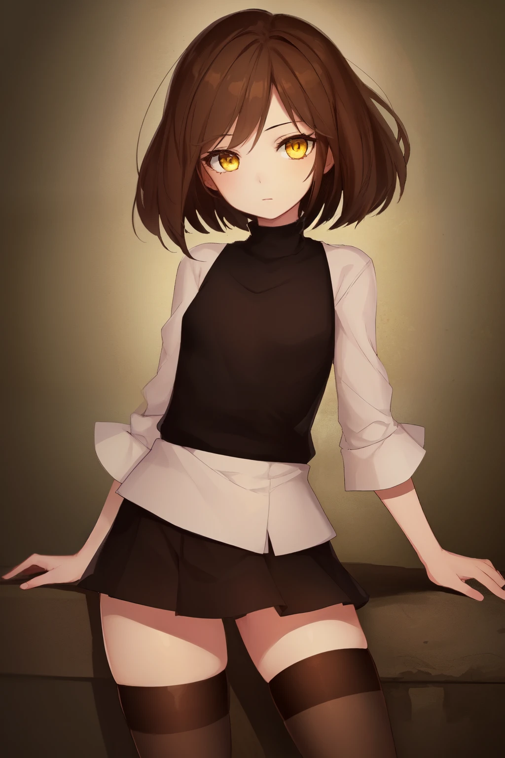 ((best quality)), ((masterpiece)), (detailed), Undertale Frisk, Brown hair, bob haircut, short hair, Black stockings, Yellow eyes, (1 girl: 1.3), (solo: 1.3), голая