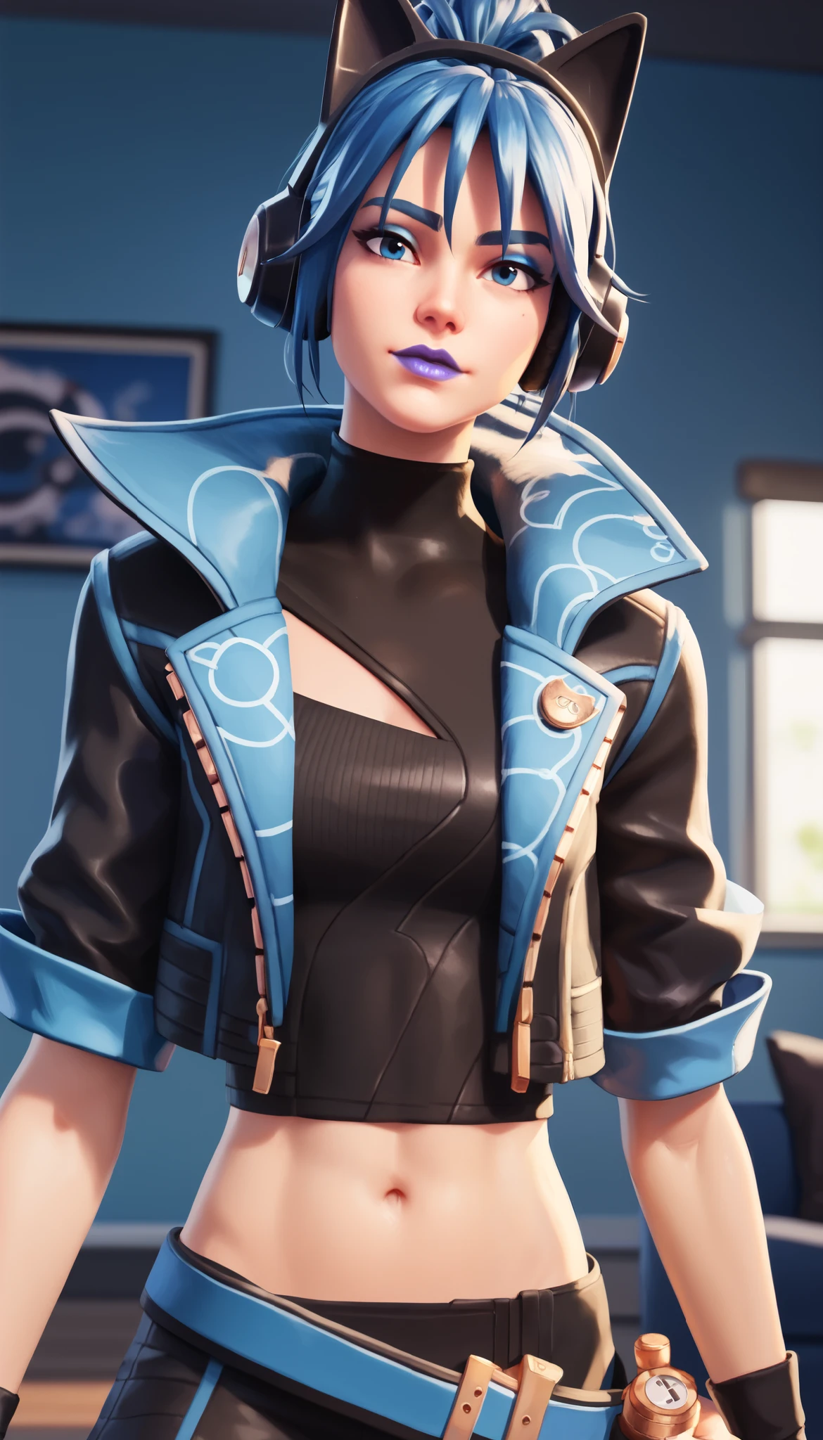 BREAK, FNHeroHop, blue hair, cat ear headphones, short ponytail, blue eyeshadow, blue eyes, purple lips, open collared jacket, clothing cutout, short sleeves, black turtleneck, midriff, fingerless gloves, utility belt, normal face expression, looking at viewer, 1 girl, solo, living room background, 3D