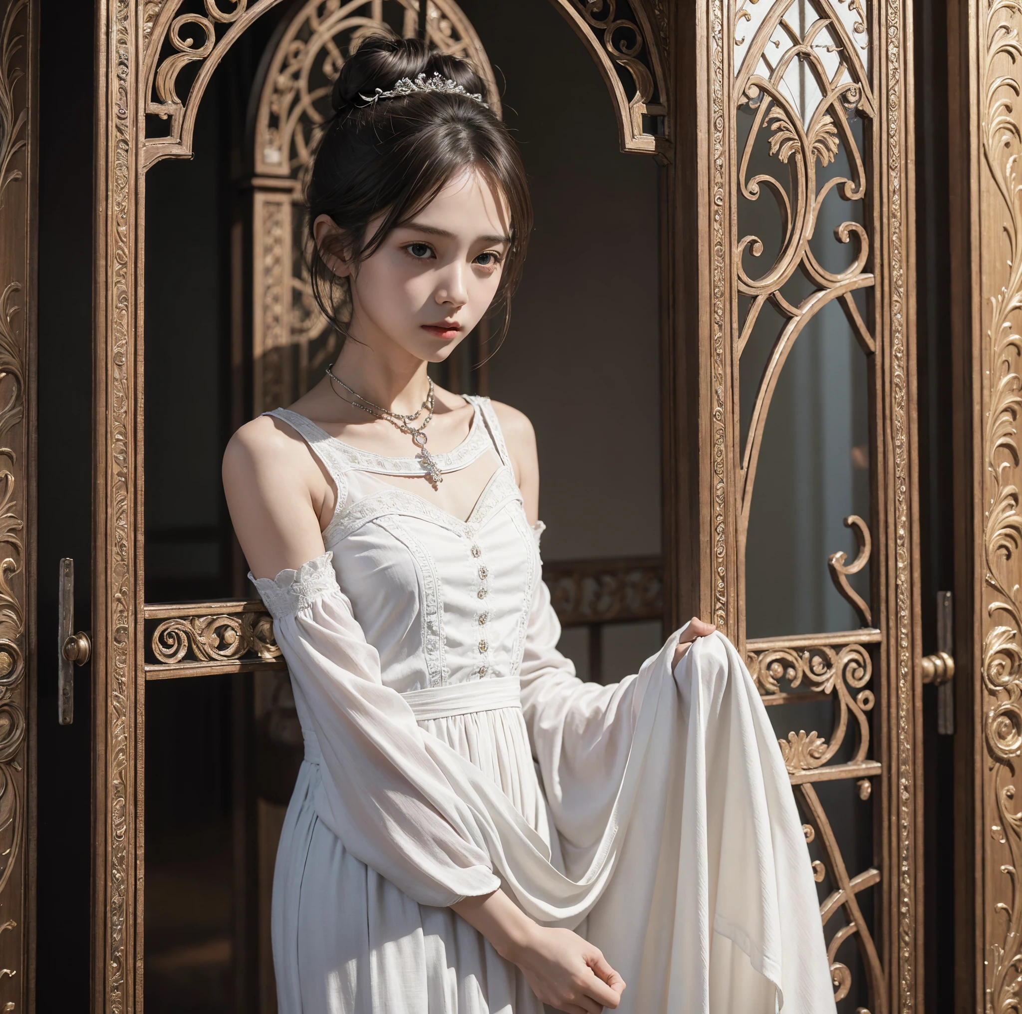  Unity 8K Wallpaper,  more details,  beautiful,  beautiful, masterpiece,  top quality, vibe, mystery, Romanticism, literature, art, fashion,  Victorian, Decoration, Complexity, Ironwork, race, meditation, Depth of emotion,  Supernatural, 1 girl, white skin,White Shoulders,Narrow shoulders,Thin arms, slender waist, bun hair 