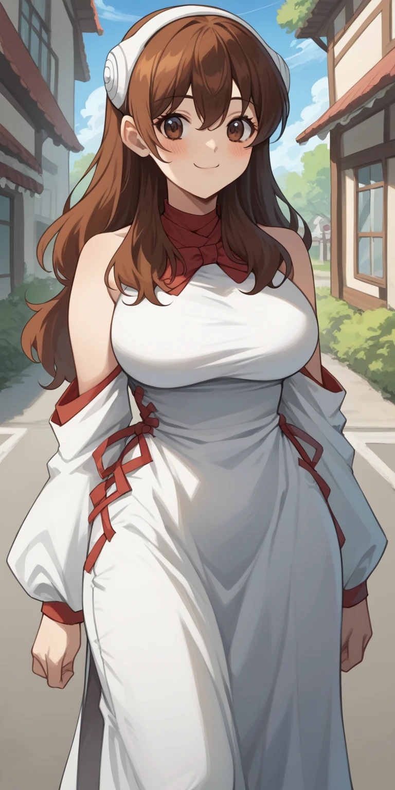 score_9, score_8_up, score_7_up, source_anime, yuzurikha ,  long hair, bang,  brown hair ,  brown eye ,  white full-size headphones , ( huge breasts:0.6),( huge hips :0.8),  open shoulders , clavicle, shoulder,  white primitive dress ,  open side ,  side red binding dress ribbons, smile,  style to blush,  looks at the viewer , One,