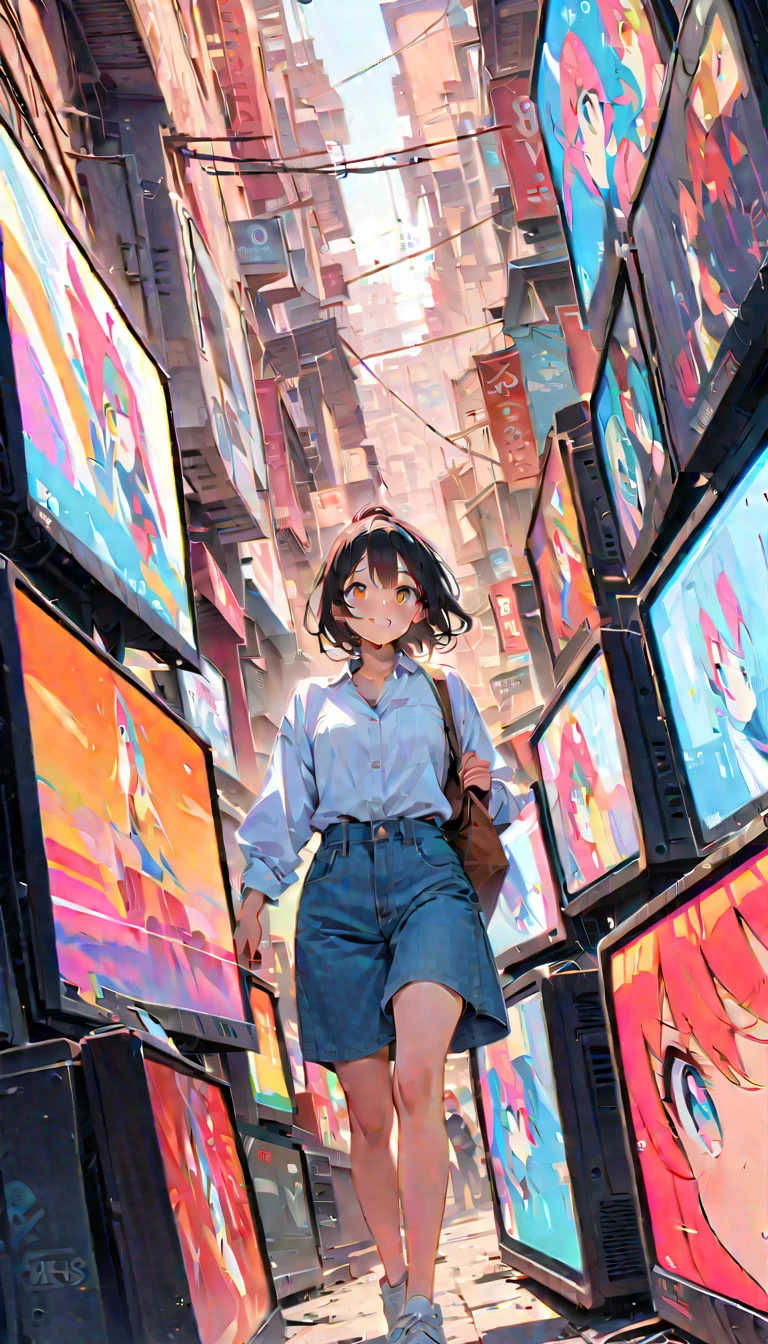 anime style, Ultra-fine illustrations, highly detailed, Dynamic Angle, beautiful detailed, 8k, In front of many CRT TVs, break various programs are being broadcasted. A woman stares at them, break smiling amidst the colorful scenes.(Highest quality、masterpiece、High resolution、detailed)animeスタイル、Flat Style、(Shining Eyes、detailed美しい顔),  break,Dynamic Angle、anime