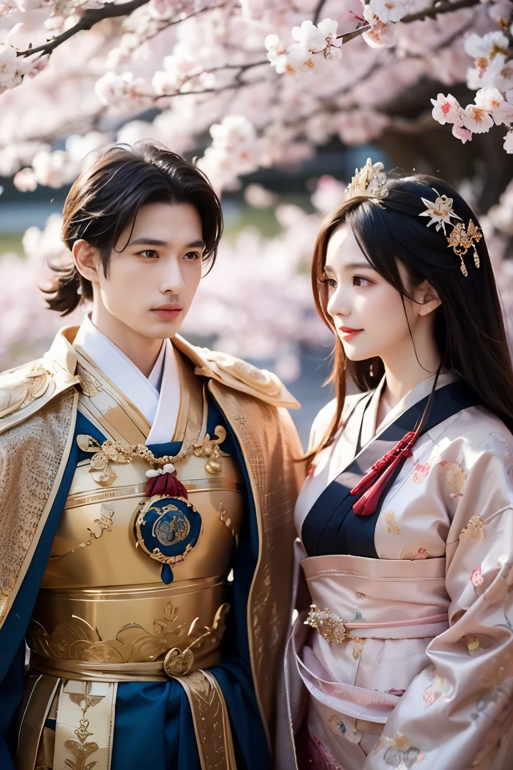 Very detailed、 very beautiful 、 top quality、Mysterious、 Fantastic、Mythical、A married couple from the ancient Yamato dynasty、 fancy mesh costume、Ornate palaces、 cherry blossoms dance、 anime-like 、Dramatic