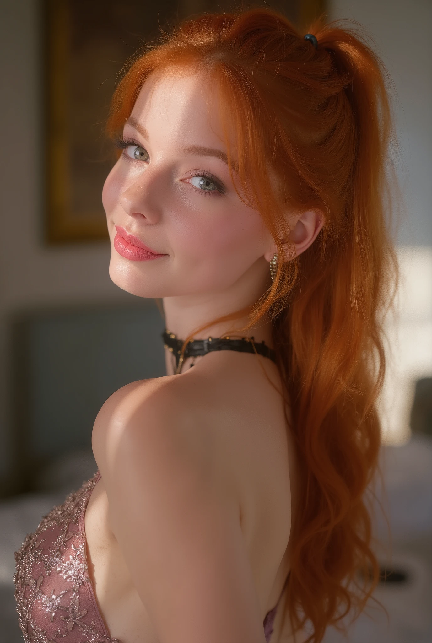 (Full body photo), french braid, forehead, teen, youthful, teenager, flirty smile, detailed eyes, blue eyes, no_makeup, eyelashes, freckles, perky breasts, cleavage, black hair, super long hair, wavy hair, looking at viewer, natural lighting, natural features, centerfold, fake lips, huge lips, lip fillers, (casual clothes), realism, girl, russian, ((pale))