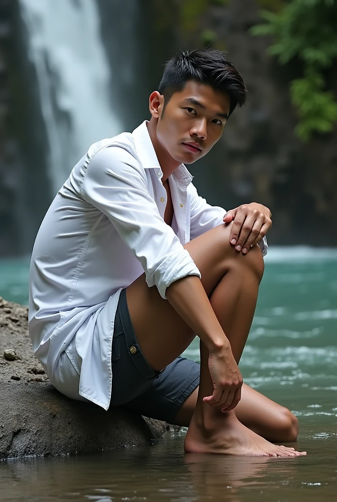 Cute face, Black hair, honey eyes, Full body, bare feet, Beautiful Onsen scenery, 1boy, glowing, steam smork, japan style, anime coloring, shy, Completely naked just Wearing white Tiny wet towel on waist, white silk, on Japanese Onsen, Fluffy chest, pink nipple, Curly hair , BLUSHING, SHY EXPRESION, blushing face, just Wearing wet white Tiny towel exposing his big bulge, very wet body, Hairy stomatch, very hairy abs, Very bushy hairy armpits, hairy pubic, hairy crotch, Super Realistic photography, PROUDLY SHOWING OFF HIS sexy body, Cute teen exposing his sexy nipple, DETAILED, Slim fit body, teenager, very cute boy face, 17 years old boy, sweat covering all over the body, Sweat dripping all over the body, Proudly showing off his sweaty very hairy armpits to audience, The colors are bright and vibrant, enhancing the overall aesthetic. The lighting is soft and natural, casting a soft glow on the face and body, don't merge body's, detailed eyes and lips, sixpack and fit body. Image quality is of the highest standard, with ultra-detailed features and a realistic appearance.