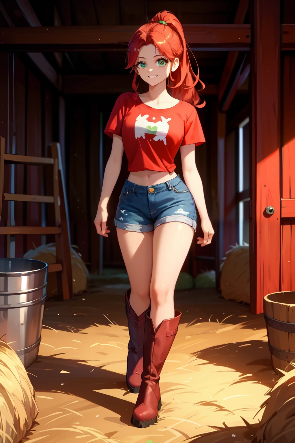 ),(masterpiece),(best quality),(ultra-detailed),(best illustration),(best shadow),(absurdres),(detailed background), Red long hair (Ponytail), green eyes, Daisy dukes, Smiling, Boots, Farm,
