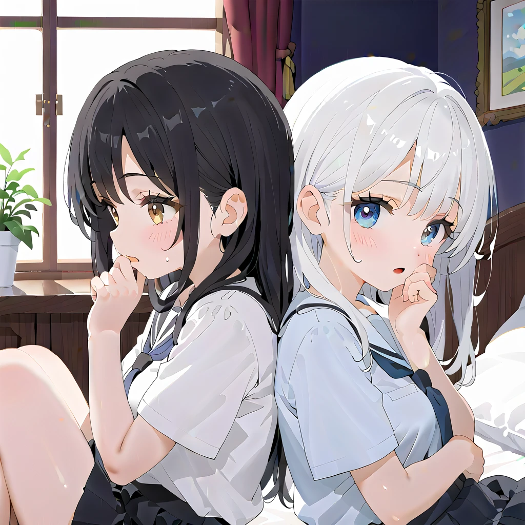 (masterpiece,beautiful,hughres,CG,8k,16k,best quality,high-resolution,detailed eyes:1.5),anime,source anime,illustration,face focus,(from side:1.6),(2girls, cute:1.5),(evening,indoor,one&#39;s home,bedroom:1.5),shadow, Dark Room,(on the bed:1.4),(head down:1.2),(girl on the left(white hair):1.4),(girl on the right(black hair):1.5),girl on the left(small breasts):1.2),(girl on the right(large breasts):1.2),(thighs:1.4),(school uniform,white shirt,pleated skirt,black skirt,black thighhighs:1.3),(white panties:1.4),(sitting),(My legs,knees to chest,folded,knees together feet apart:1.4),legs up,(profile:1.2),(back-to-back:1.4),hand over own mouth, covering own mouth,(female masturbationm,MASTURBATING UNDER PANTIES:1.3),(female orgasm,pussy juice:1.1),(trembling:1.4),(gasping,heavy breathing,blush:1.5),(impatience1.1),flustered,(fidgeting around:1.4),(steam:1.2),(sweat skin,sweat:1.4),(streaming tears:1.3),(drooling:1.1),(looking away:0.5),(looking down:1.4),(spoken heart:1.3),(closed eyes:1.6),open mouth